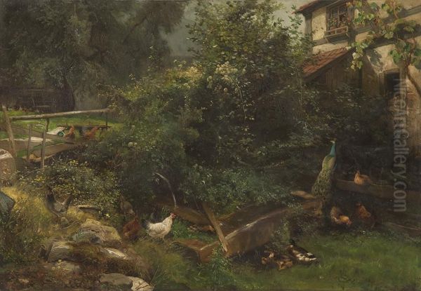 Sommerlicher Hof Mit Enten, Huhnern Und Pfau Oil Painting by Carl Jutz