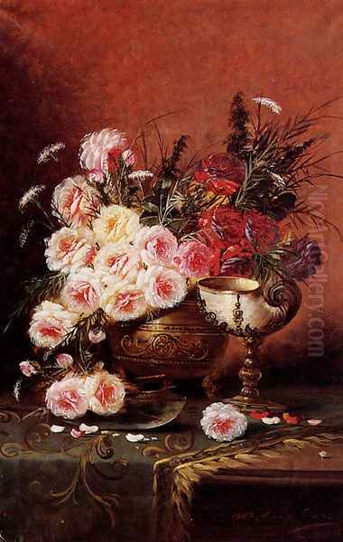 Still Life Of Roses And A Nautilus Cup On A Draped Table Oil Painting by Modeste Carlier