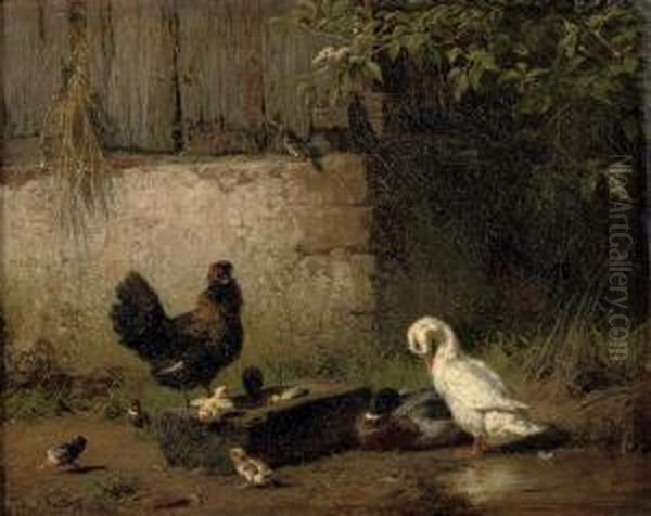 Poultry In The Farmyard Oil Painting by Carl Jutz