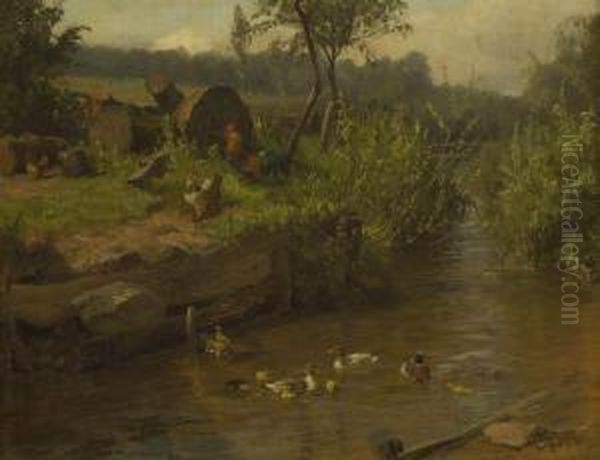 Bachlauf Mit Huhnern Und Enten. Oil Painting by Carl Jutz