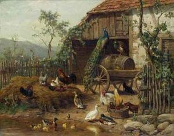 Grosser Huhnerhof Mit Pfau, Enten, Gansen Oil Painting by Carl Jutz