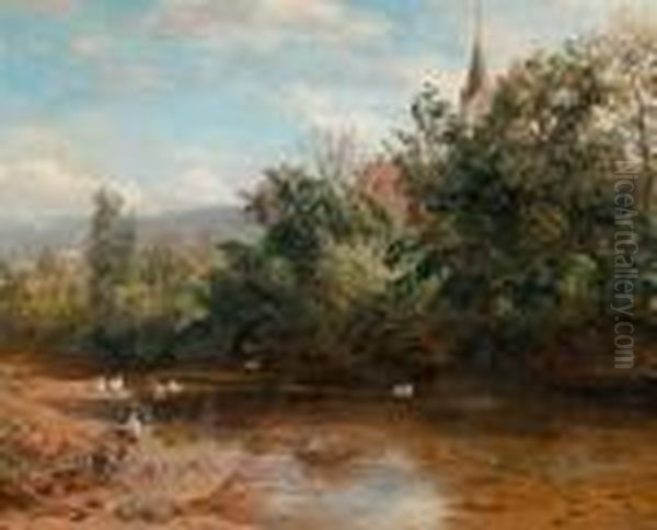 River Landscape With Ducks And A Church In The Background Oil Painting by Carl Jutz