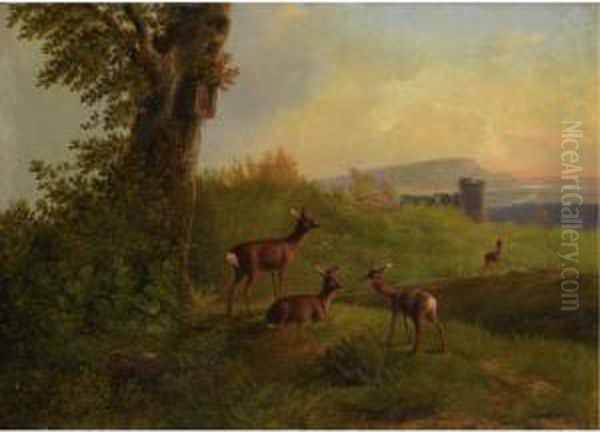 A Deer Family At Pasture Oil Painting by Carl Jutz