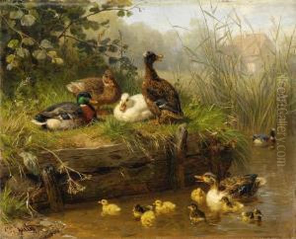 Enten Am Weiher. Oil Painting by Carl Jutz