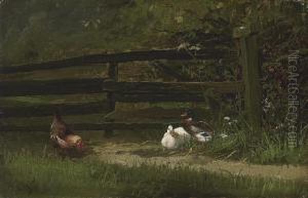 Chickens And Ducks On The Farm Oil Painting by Carl Jutz