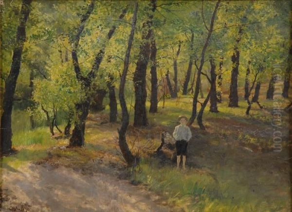 Knabe, Auf Einer Waldlichtung Spielend. Oil Painting by Carl Jutz