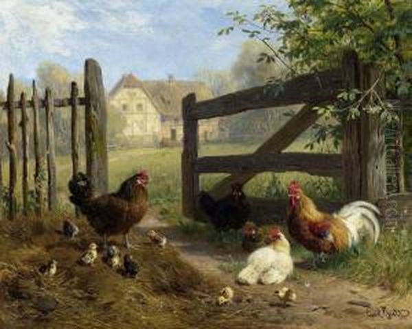 Poultry And Rooster Before A Fence In The Meadow. Oil Painting by Carl Jutz