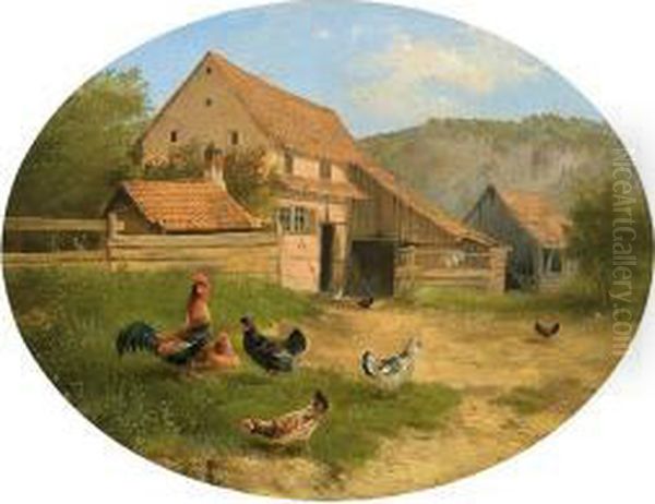 Huhnerhof Und Malerisches Gehoft An Einem Sommertag Oil Painting by Carl Jutz