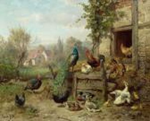 Poultry Yard Oil Painting by Carl Jutz