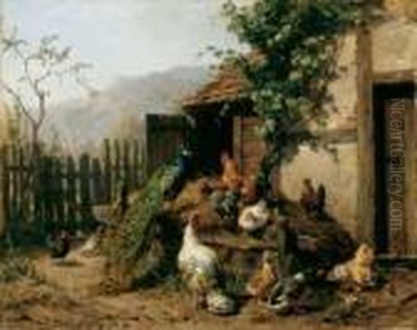 Der Huhnerhof. Auf Und Vor Einem Misthaufen Huhner, Enten, Ein Pfau Und Ein Truthahn. Oil Painting by Carl Jutz