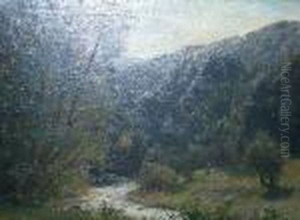 Berglandschaft Mit Bachlauf. Im 
Vordergrund Bauerin. Unten Links Signiert Und Datiert C. Jutz 03 Oil Painting by Carl Jutz