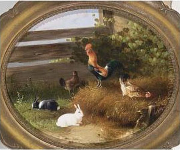 Poultry And Rabbits In A Farmyard Oil Painting by Carl Jutz