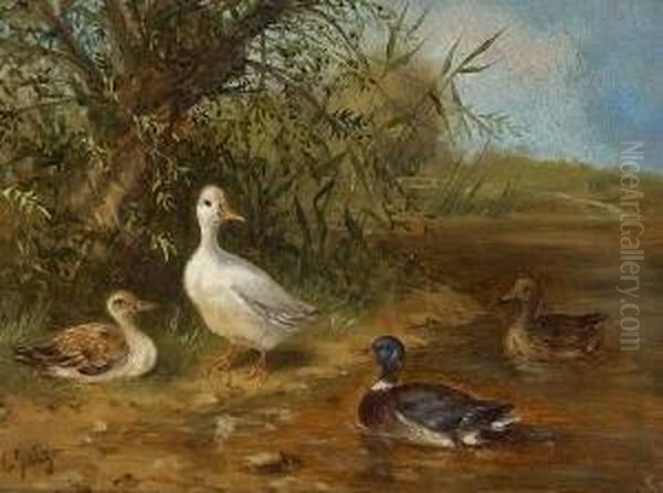 Enten Am Ufer Eines
 Teiches. Oil Painting by Carl Jutz