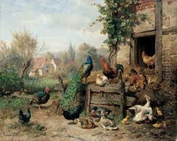 Geflugel. Vor Und Auf Einem Misthaufen Ein Pfau, Truthuhner, Huhner, Enten Und Ganse. Oil Painting by Carl Jutz