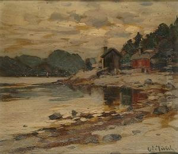 Houses On A Riverbank Oil Painting by Ole Juul