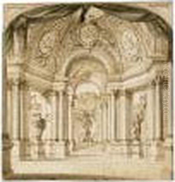 A Set Design Showing The Colonnades Of A Temple Oil Painting by Filippo Juvarra