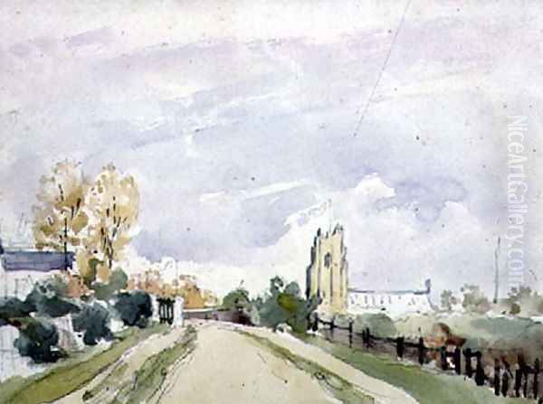 Suffolk Landscape, a wide Road with a small House, a Church and Trees Oil Painting by Thomas Churchyard