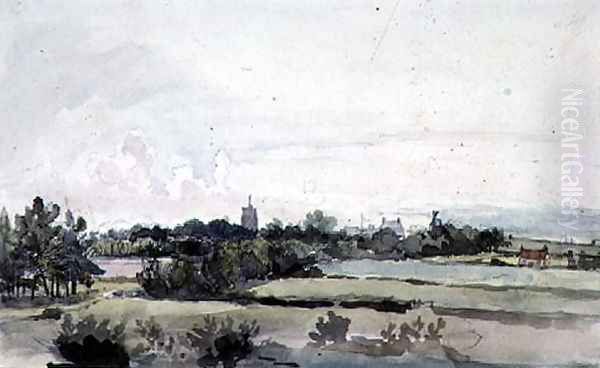 Suffolk Landscape, Fields with a belt of Trees, a Church Tower, Houses and a Windmill Oil Painting by Thomas Churchyard