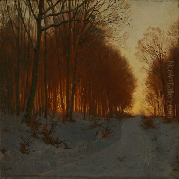 Winter Day In A Fortest With The Sunset Glow Among Thetrees Oil Painting by Ludvig Kabell