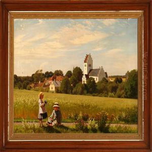 Two Children Picking Flowers Near Herfolge Church Oil Painting by Ludvig Kabell