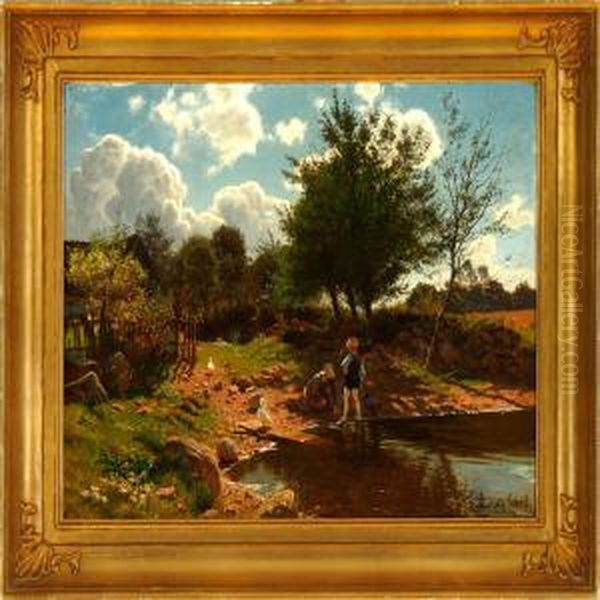 Two Children Playing At A Pond Oil Painting by Ludvig Kabell