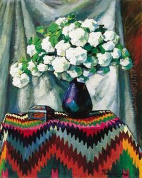 Snowball Flowers In Blue Vase Oil Painting by Geza Kadar