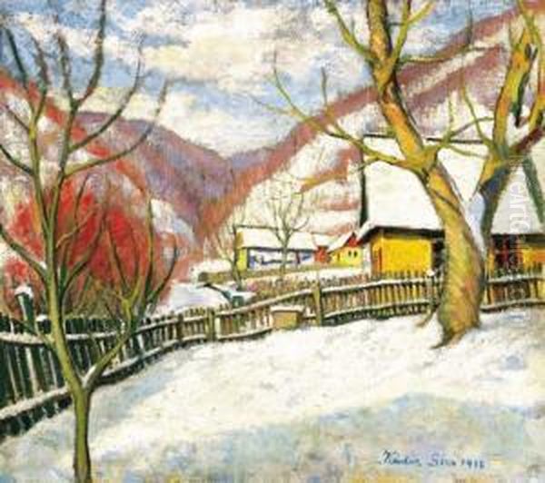 Winter In Nagybanya Oil Painting by Geza Kadar