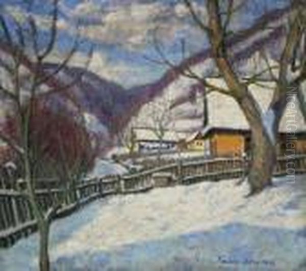 Winterly Snow Landscape. Oil Painting by Geza Kadar