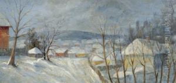 Village In A Snow-covered Landscape Oil Painting by Geza Kadar