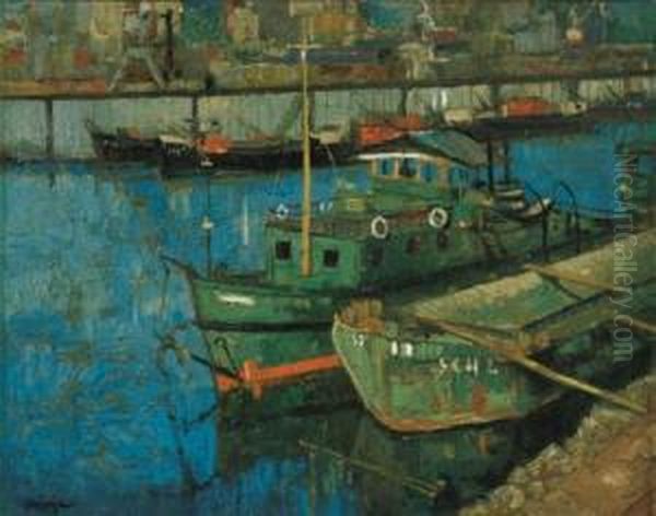 Harbor Oil Painting by Geza Kadar