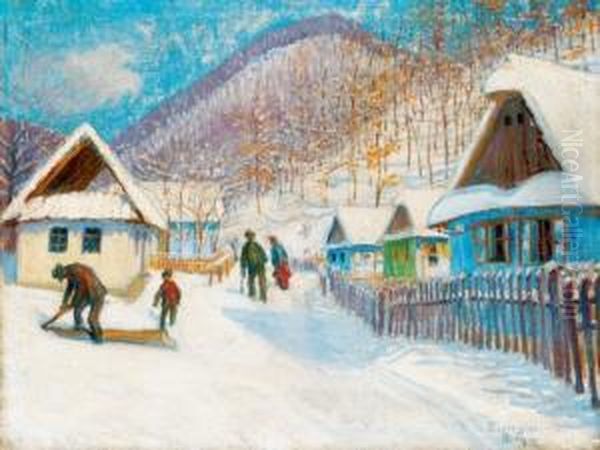 Nagybanya In Winter Oil Painting by Geza Kadar