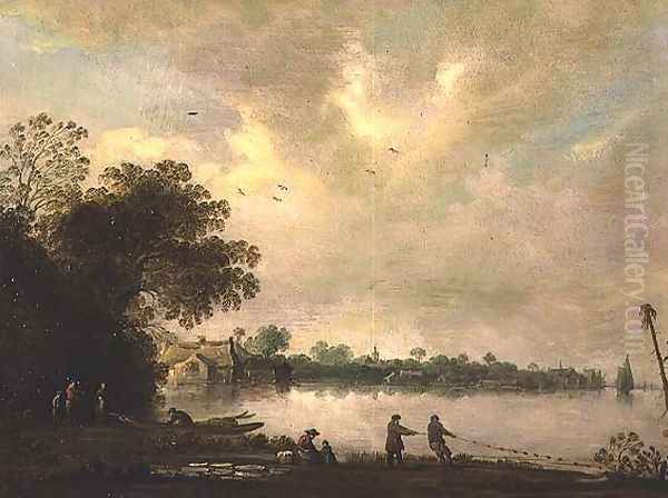 A river landscape with fishermen drawing in a net Oil Painting by Jan Coelenbier