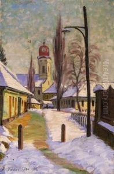 Winter Street With A Church by Geza Kadar