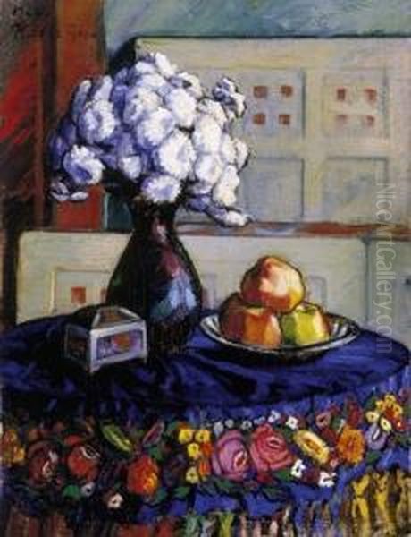 Still Life With Blue Tablecloth by Geza Kadar