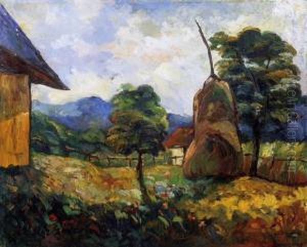 Courtyard In Nagybanya With Haystacks by Geza Kadar