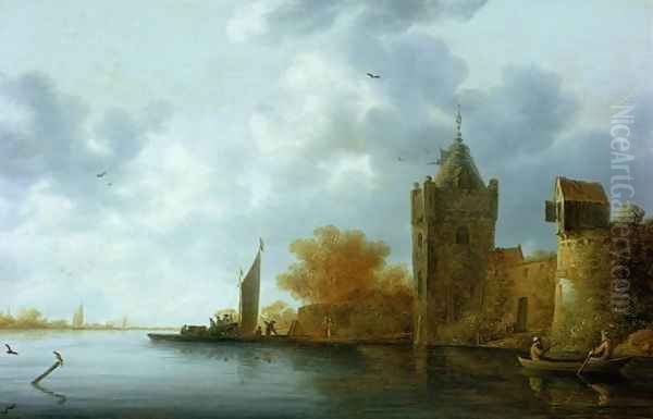 River estuary with a tower and fortified walls, ferry embarking Oil Painting by Jan Coelenbier