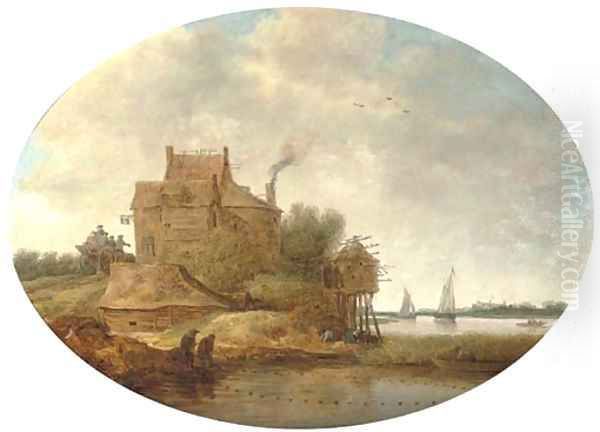 A river landscape with peasants fishing near an inn Oil Painting by Jan Coelenbier