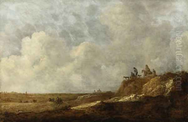 An extensive landscape with peasants on a sandy bluff Oil Painting by Jan Coelenbier