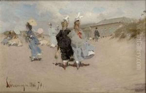 Elegant Ladies At Scheveningen Beach Oil Painting by Frederick Hendrik Kaemmerer