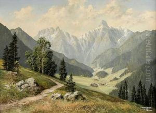 Blick Auf Spielmannsau An Der Trettach Mit Trettachspitze Im Massiv Der Madelegabel Oil Painting by Frederick Hendrik Kaemmerer