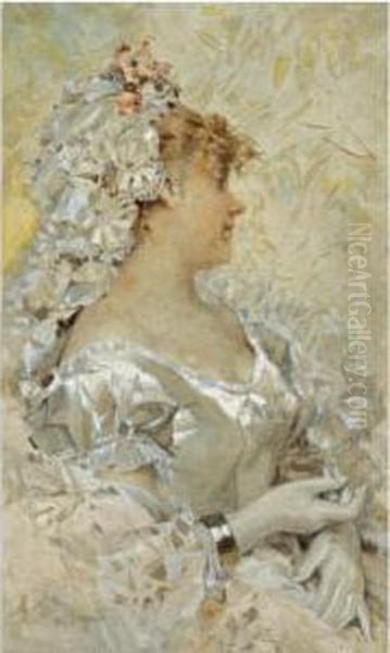 An Elegant Beauty In A White Dress Oil Painting by Frederick Hendrik Kaemmerer