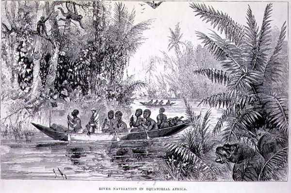 River Navigation in Equatorial Africa, page 199 from 'Explorations & Adventures in Equatorial Africa', pub. 1861 Oil Painting by P.B. du Chaillu