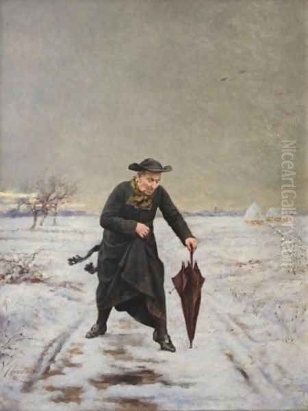 Parish Priest out in the Snow Oil Painting by V. Chevilliard