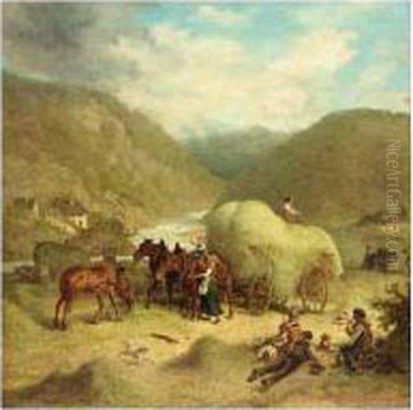 Collecting Hay Oil Painting by Friedrich Kaiser