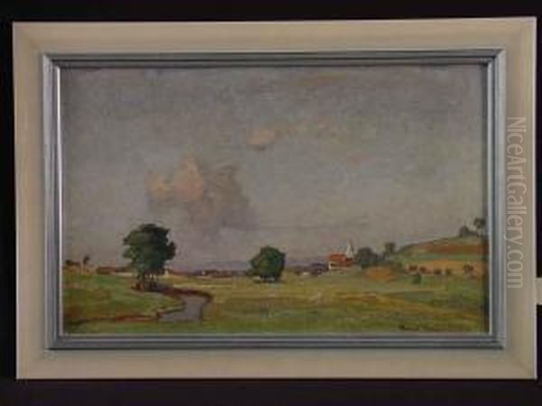 Bayrische Landschaft Mit Bachlauf Und Ortschaft Oil Painting by Richard Kaiser