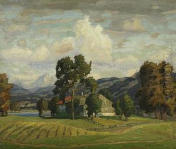 Summerly Landscape With Alps In The Background Oil Painting by Richard Kaiser