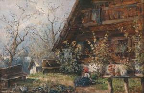 Summer In A Farmhouse Garden On The Hallstatter Lake Oil Painting by Carl Kaiser-Herbst