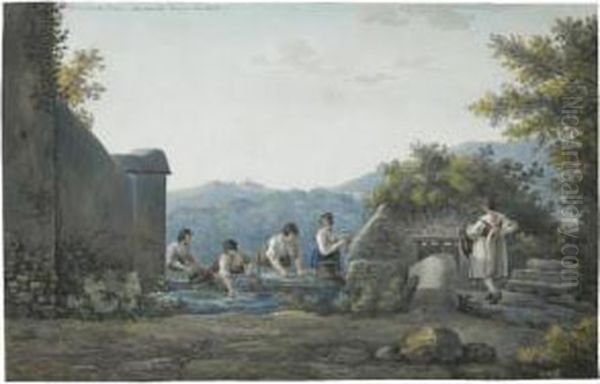 Washerwomen At A Fountain Near Tivoli Oil Painting by Franz Keiserman