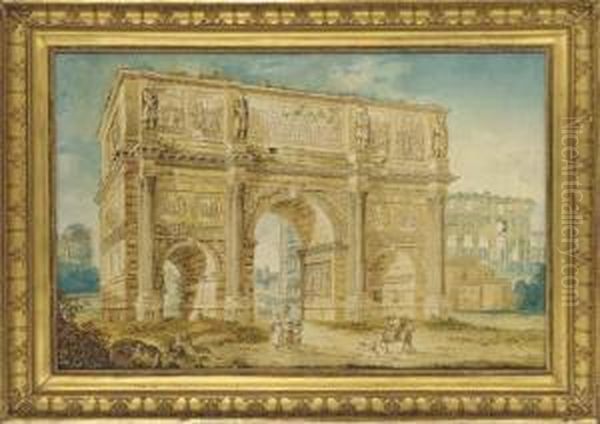 L'arc De Constantin A Rome, Des Personnages Au Premier Plan, Lecolisee Au Fond Oil Painting by Franz Keiserman