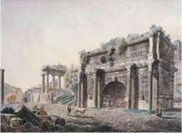 Rome, A View Of The Forum, With The Arch Of Septimus Severus Oil Painting by Franz Keiserman